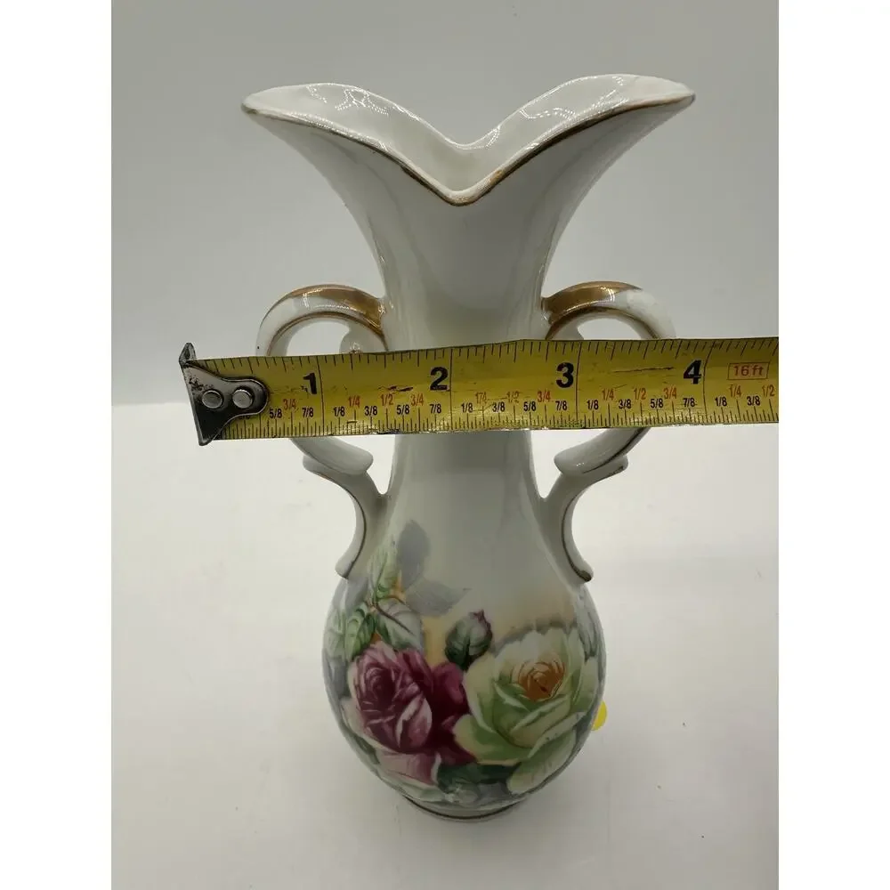 Vintage Arnart Floral Porcelain Vase Double Handle Gold Trim Japan